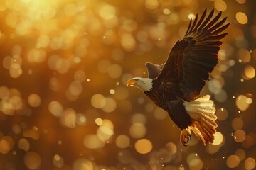 Fototapeta premium Eagle With American Flag Flies In The Sky With Blurred Bokeh And Sunlight Effect - Independence Day
