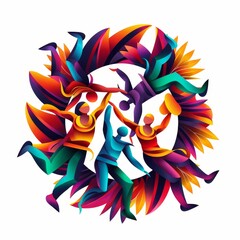 Vibrant abstract illustration of dancing figures in a circular formation, embodying joy and movement with vivid colors and dynamic shapes.