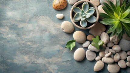 Stones, Succulent, and Greenery on a Blue Surface