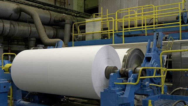 Huge paper material roll coiled by rotating drum in manufacturing workshop. Tissue sheet on mill machine produced at papermaking plant