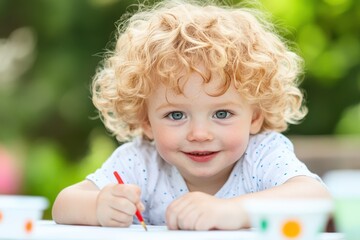 A young child is sitting at a table with a red crayon and a piece of paper