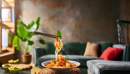 Obraz premium Laksa – A steaming bowl of spicy noodle soup, featuring a fragrant coconut curry broth, rice noodles, tofu puffs, shrimp, and garnished with fresh herbs and lime.