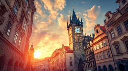 Fototapeta premium Old town in Europe at sunset with retro vintage Instagram style filter effect 