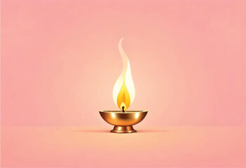 a gold diya oil candle that is lit up with a pink background
