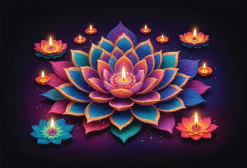 a colorful diwali rangoli design with a lotus flower on it and diya candles