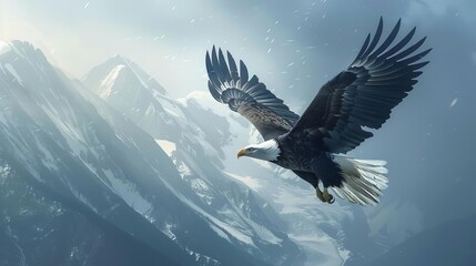 Majestic eagle soaring over snow-capped mountains, capturing the essence of freedom and nature's beauty.