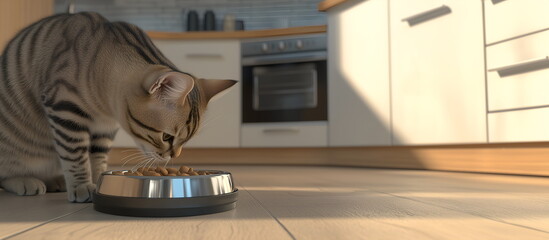 Happy cat eating food on the kitchen floor, domestic animals concept