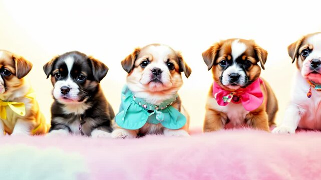 Cute pug puppies in colorful shirts, adorable group of dogs posing together