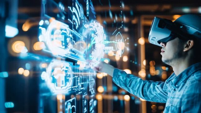 A man wearing a hard hat is using a virtual reality headset to interact with a computer screen. Concept of excitement and innovation