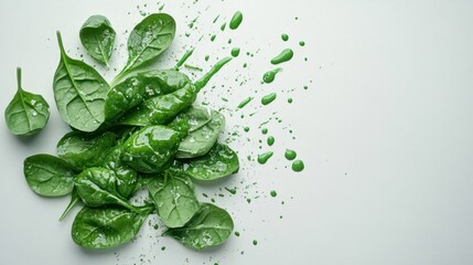 Fresh green spinach leaves with salt and water droplets scattered on white background.