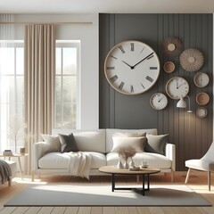 Naklejka premium Modern Living Room Interior with White Sofa, Wooden Coffee Table, and Large Wall Clock