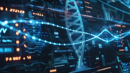 DNA photo on medical screen, hologram, science, data analysis, HUD, body research, background, future, infographic on screen, DNA, medical scan, health, digital, 3d, technology