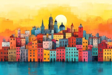 Colorful houses. The city by the river. Generative AI