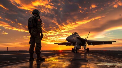 Photograph of fighter pilots and supersonic jets at a military air base at sunset.