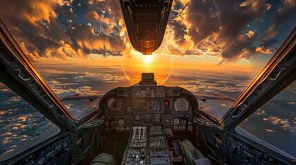 Wide-angle view of a fighter pilot's cockpit at sunrise.