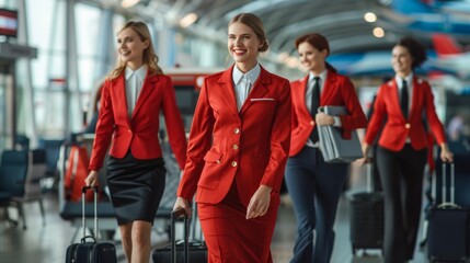Photo of flight attendants and pilots with suitcases in tow walking in airport terminal.
