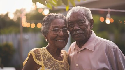 An elderly couple smiles joyfully while embracing in their lush garden at sunset