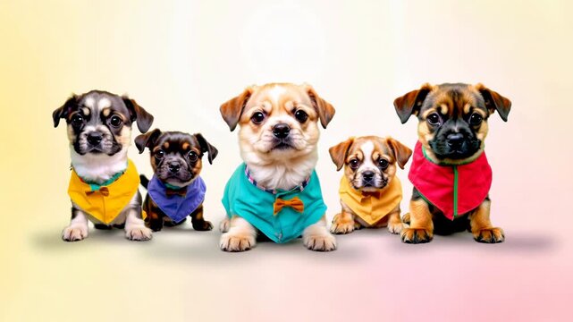 Cute pug puppies in colorful shirts, adorable group of dogs posing together