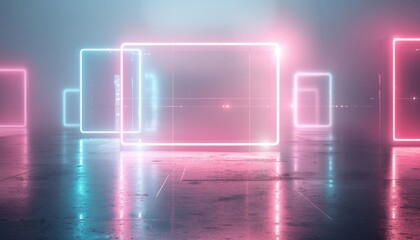 Neon light boxes in fog create a surreal, futuristic atmosphere with vibrant colors and reflective surfaces.
