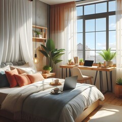 Fototapeta premium Cozy Bedroom with Large Window and Laptop