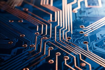 Close-up View of Blue Printed Circuit Board with Intricate White Traces and Copper Via Holes