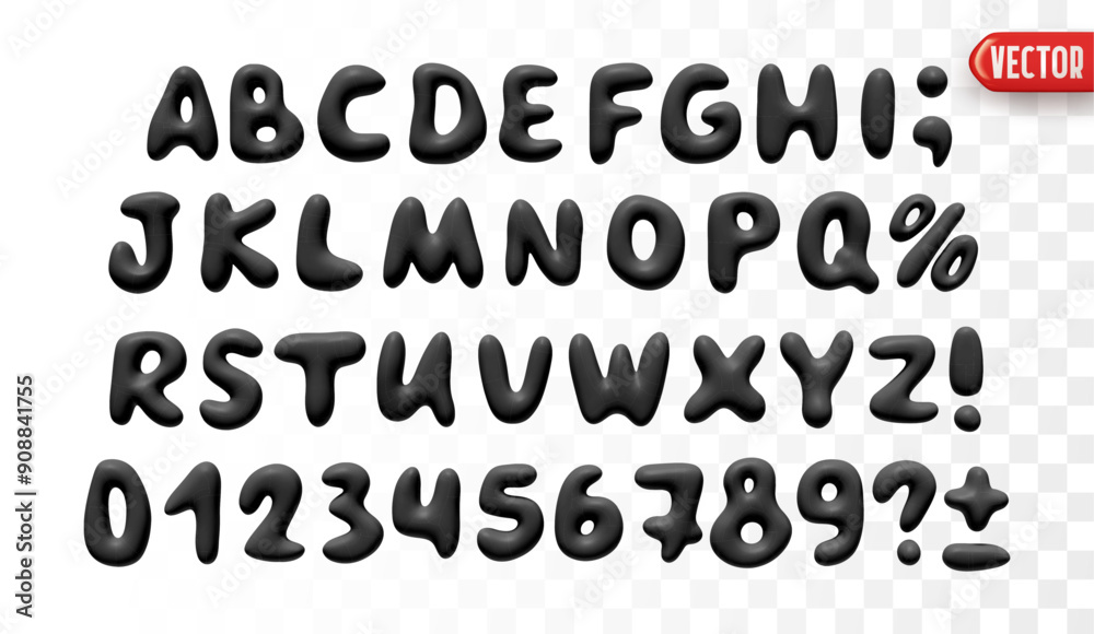 Poster Plastic 3d realistic font liquid shapes black colors. A set of letters and numbers isolated on a white background with a transparency effect. vector illustration
