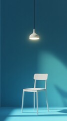 Minimal White Chair and Floating Lamp with Blue Background