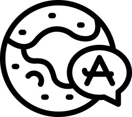 Line art icon of planet earth with a speech bubble containing the letter a, symbolizing global communication