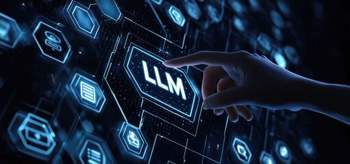 Human hand interacting with digital interface featuring "LLM" hologram and various icons. Concepts of advanced technology, artificial intelligence, and Large language model.