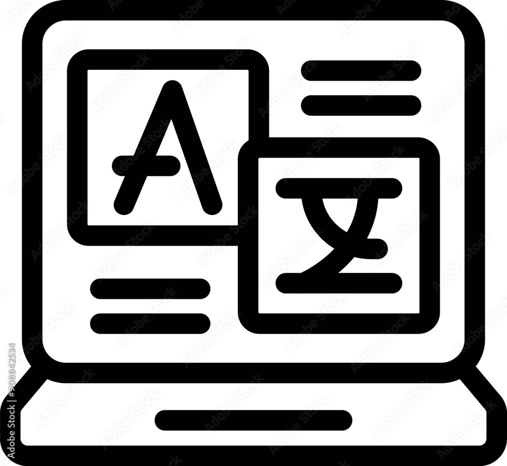 Poster laptop showing language translation software interface with different alphabets for seamless communi