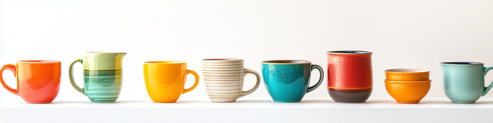 An assortment of colorful coffee mugs in different shapes and sizes on a white background