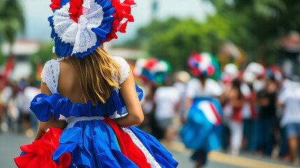 copy space, stockphoto, a costarican woman in festive blue, white and red clothing, walking in the parade during Costa Rica’s Independence Day parade. Smiling woman during Costa Rica’s independence da
