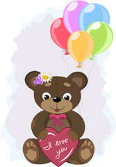 Toy bear cub with balloons.Cartoon bear cub with decorative heart and inflatable balloons in color vector illustration.
