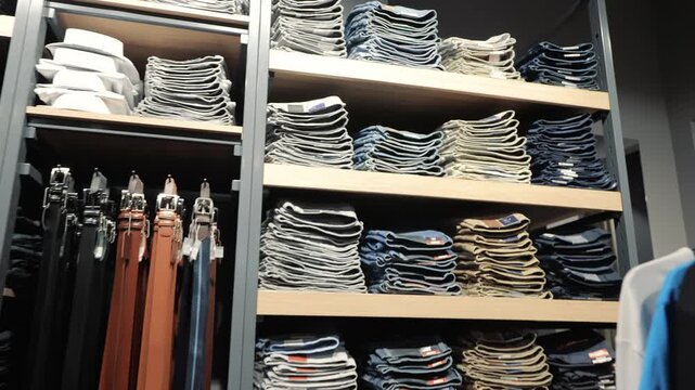 Folded Jeans on Store Shelves, Neatly folded jeans arranged on shelves in a retail store The stacks of jeans are organized by color and size