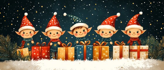 Naklejka premium Colorful of cheerful elves with gifts in a snowy night scene. Perfect for holiday and Christmas-themed projects.