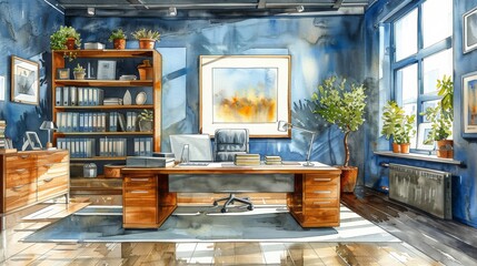 Fototapeta premium Stylish office interior with a wooden desk, vibrant plants, and modern artwork, creating a serene and productive workspace.