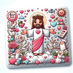 Jesus Christ with Hearts and Angels in a Cartoon Style Illustration