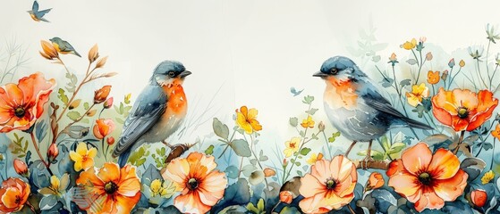 Two bluebirds perched among vibrant flowers, showcasing the beauty of nature in a colorful watercolor illustration.