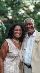 A happy couple poses together, radiating love and warmth at a family gathering in a serene outdoor setting