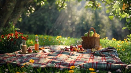 Picnic Blanket and Basket Laid Out for Outdoor Barbecue
