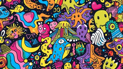 Obraz premium Vibrant abstract art featuring colorful creatures and shapes in a playful, whimsical style against a black background.
