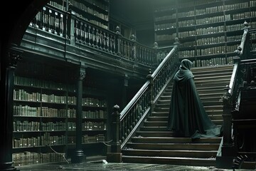 A man in a cape stands on stairs inside a library full of books