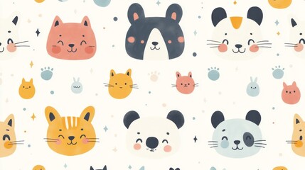 Seamless Pattern of Cute Animal Faces with Stars and Paw Prints