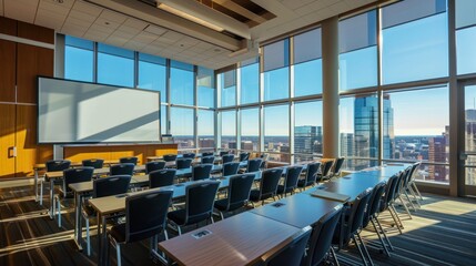 Office meeting room with tables and chairs, with glass windows. Business building interior background.