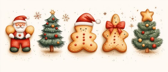 Fototapeta premium Festive holiday imagery featuring cheerful Santa, decorated trees, and delightful gingerbread cookies, perfect for seasonal designs.
