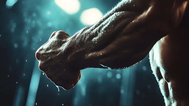 Close-up of a bicep during a pull-up, detailed muscle definition and veins, dramatic gym lighting creating highlights and shadows, realistic and intense style, powerful and determined mood