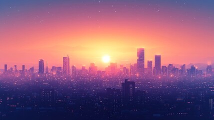 Fototapeta premium Cityscape Silhouette with Sunset and Stars