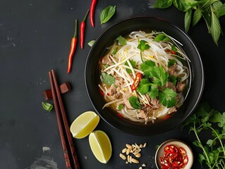 Pho. The most popular Vietnamese dishes. A fragrant soup with rice noodles, typically served with either beef or chicken, accompanied by fresh herbs, bean sprouts, lime, and chili.