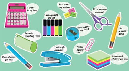 Set of cartoon objects for elementary school. Collection cute stickers Set of school supplies and education stickers. Back to school. text divider, calculator, stapler, sharpener, pencil, eraser, note