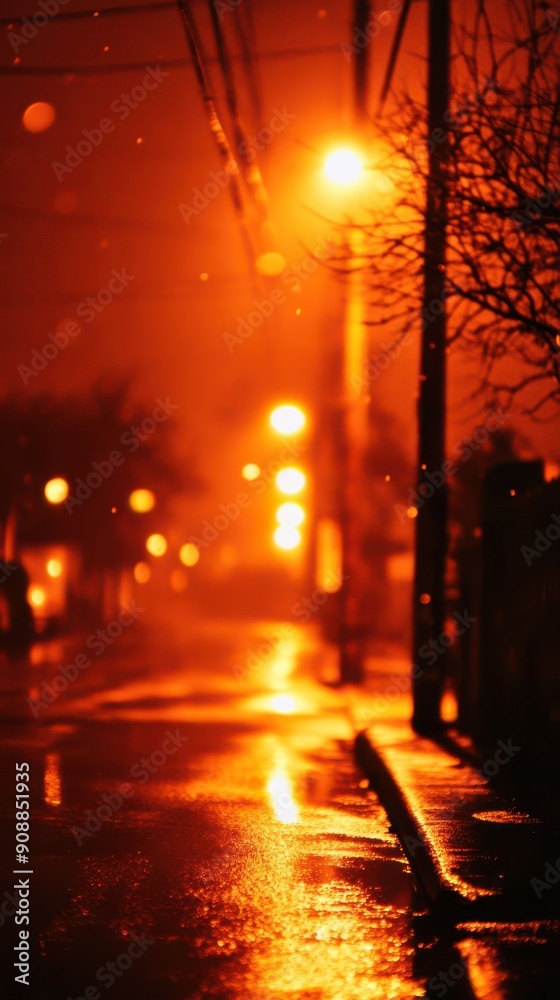 Poster a blurry photo of a city street at night with a street light in the foreground